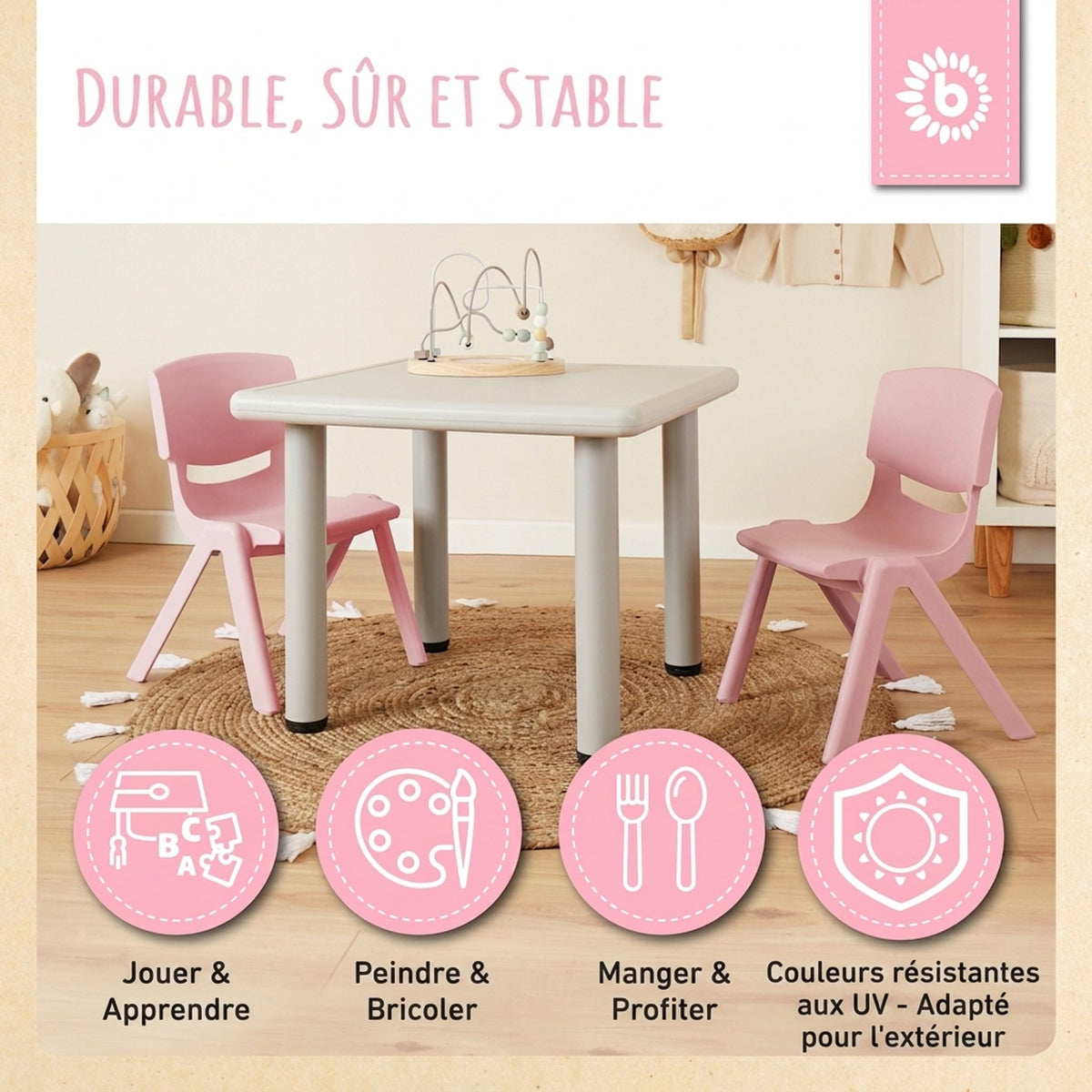 1x Kindertisch Silver & 4x Kinderstuhl Dreamy Rose - FR Infographic