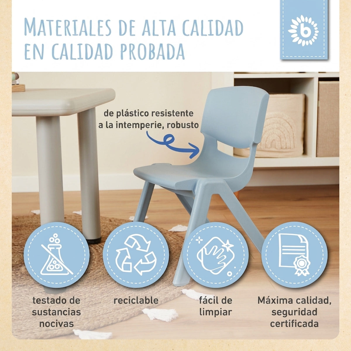 1x Kindertisch Silver + 4x Kinderstuhl Hazy Blue - ES Infographic