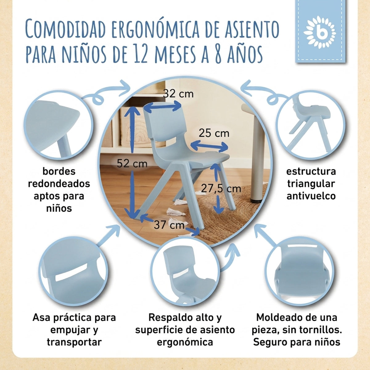 1x Kindertisch Silver + 4x Kinderstuhl Hazy Blue - ES Infographic