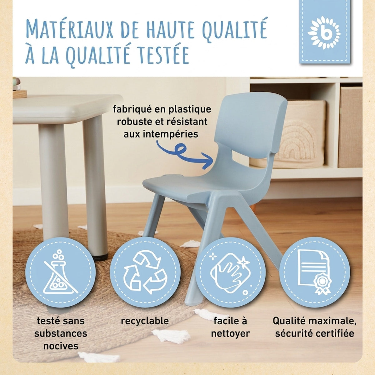 1x Kindertisch Silver + 4x Kinderstuhl Hazy Blue - FR Infographic