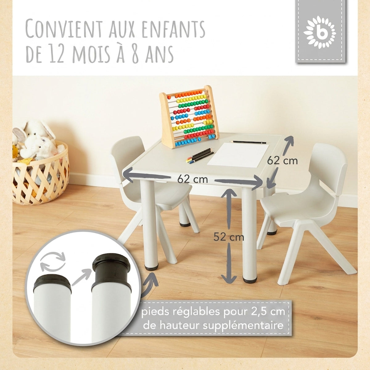 1x Kindertisch Silver + 2x Kinderstuhl Hazy Blue - FR Infographic