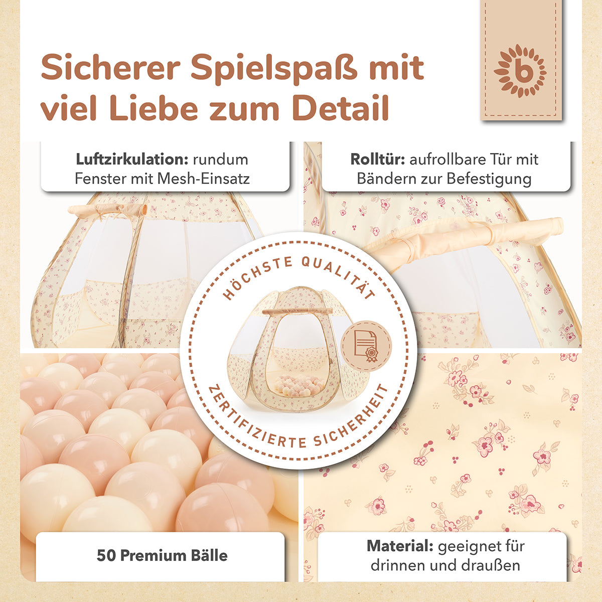 Tenda gioco Pop Up e piscina di palline Vintage Flowers con 50 palline