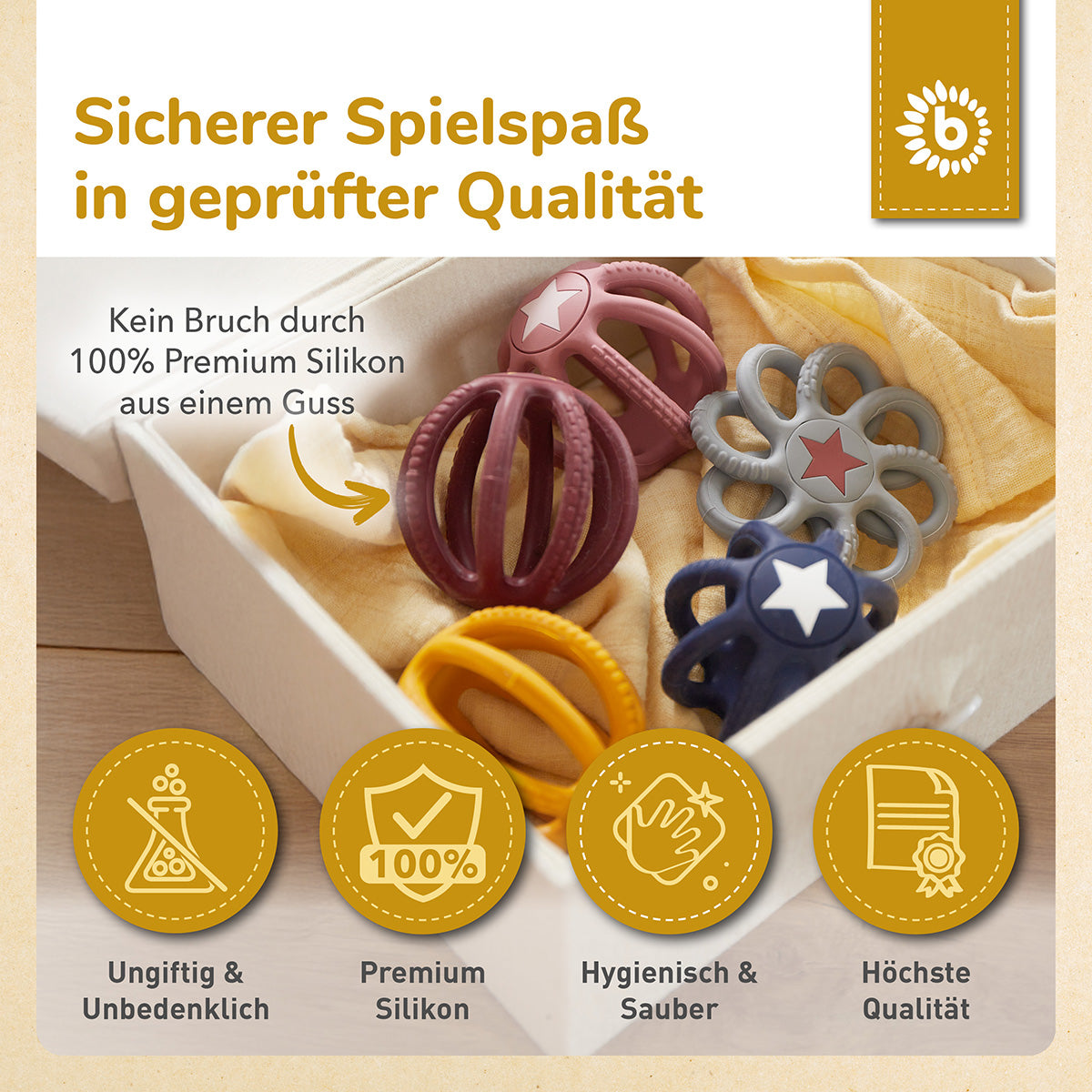 Set de 2 balles de préhension & d’anneau de dentition en silicone Sunset