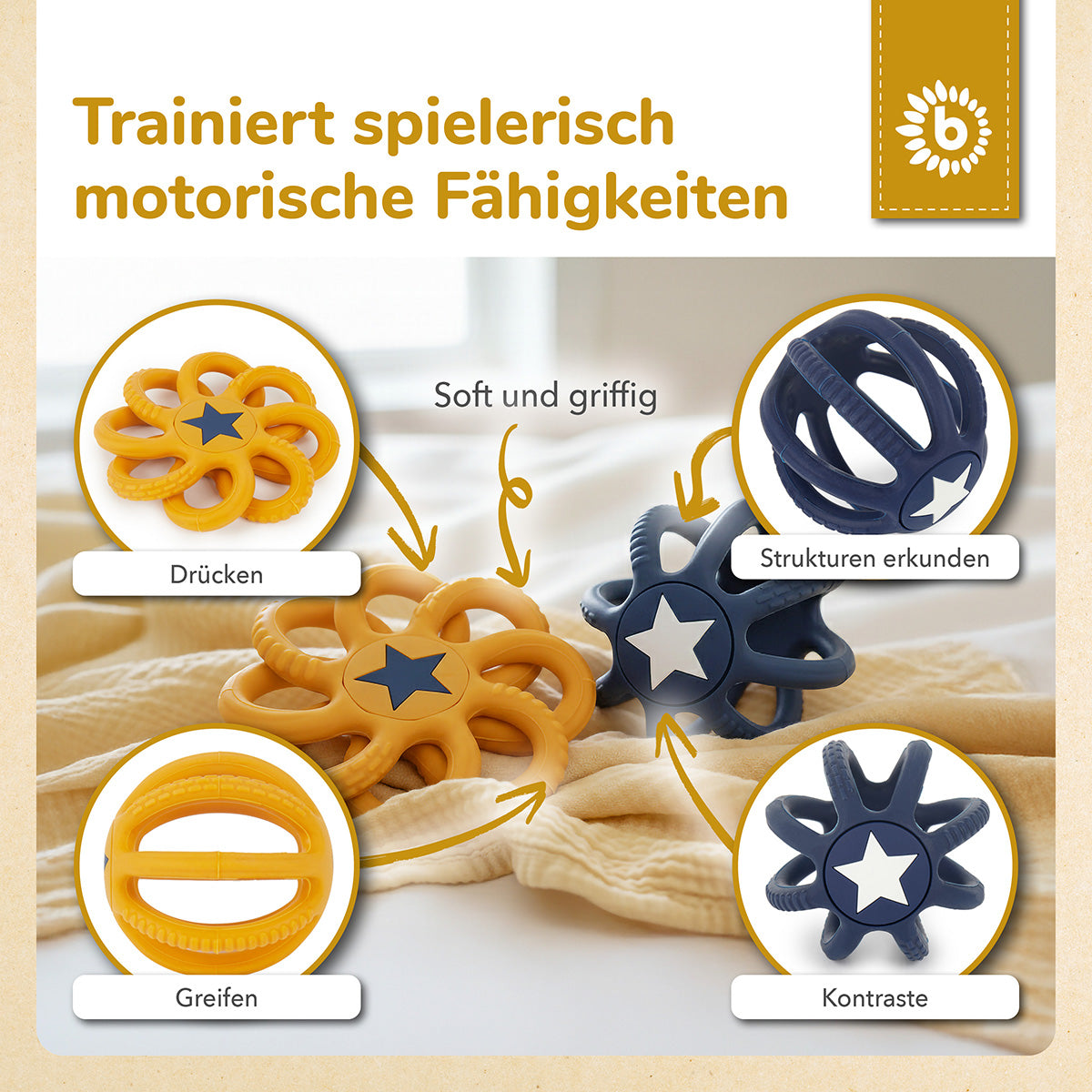 Set de 2 balles en silicone à mordiller & à saisir Sun & Sky