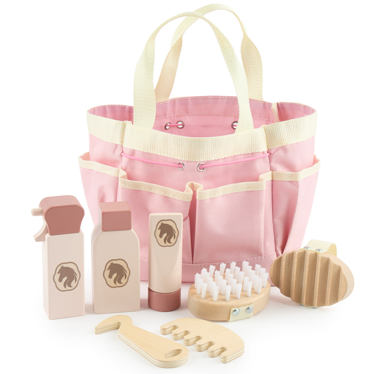 Pferdepflegeset für Hobby Horses – Putzzeug aus Holz, 8-teilig