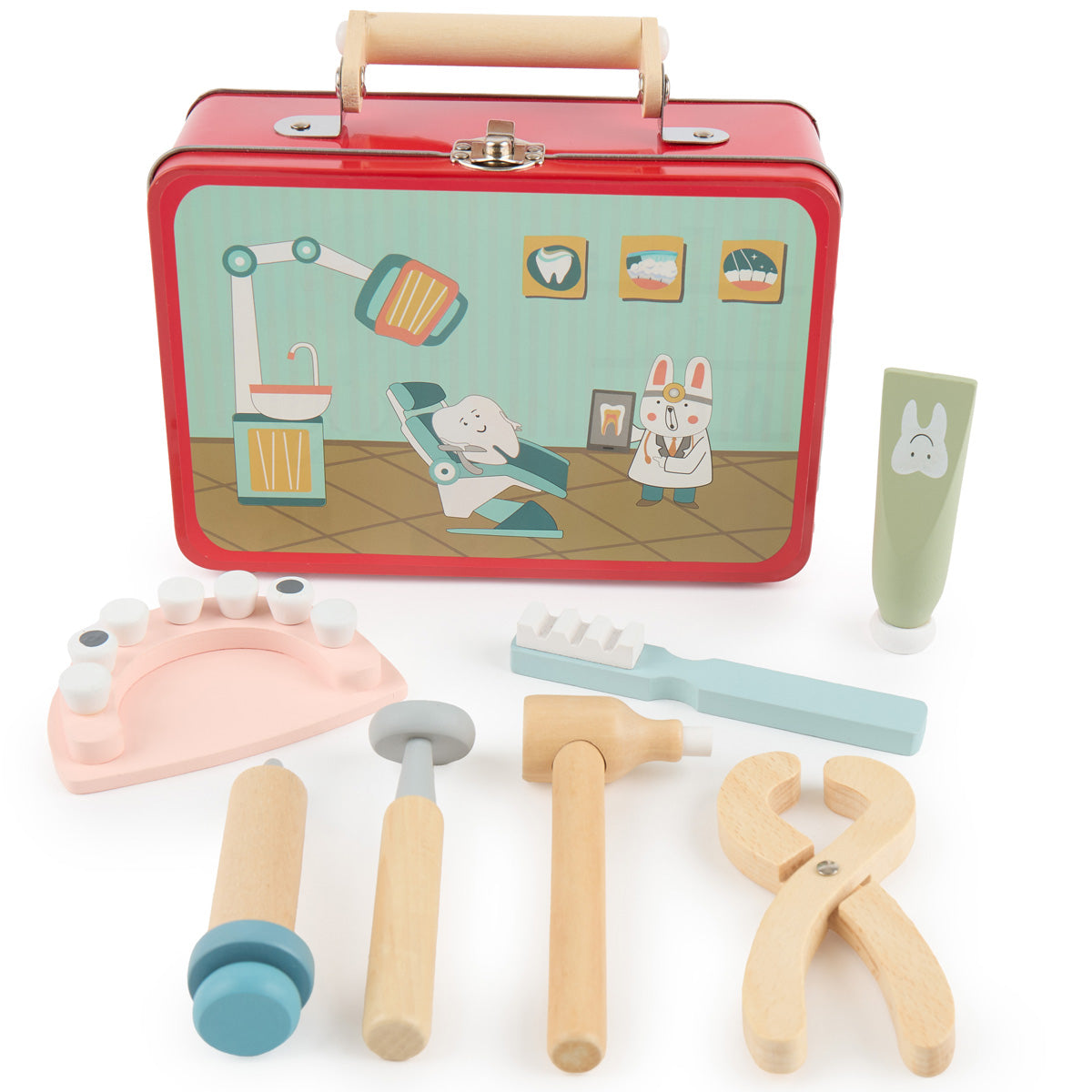 Zahnarztkoffer für Kinder – Spielset aus Holz im Metallkoffer, 8-teilig