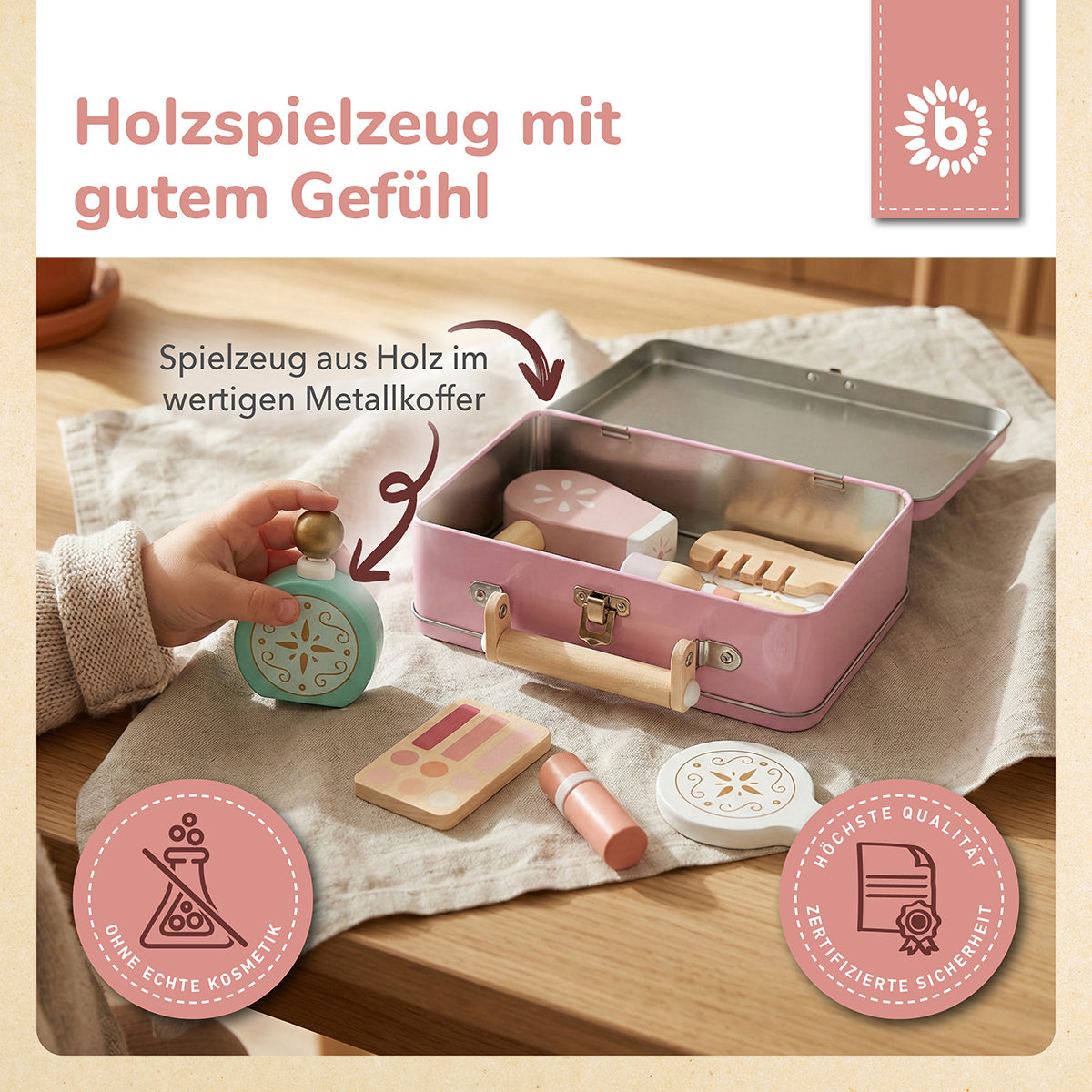 Schminkkoffer für Kinder – Beauty-Spielset aus Holz im Metallkoffer, 8-teilig