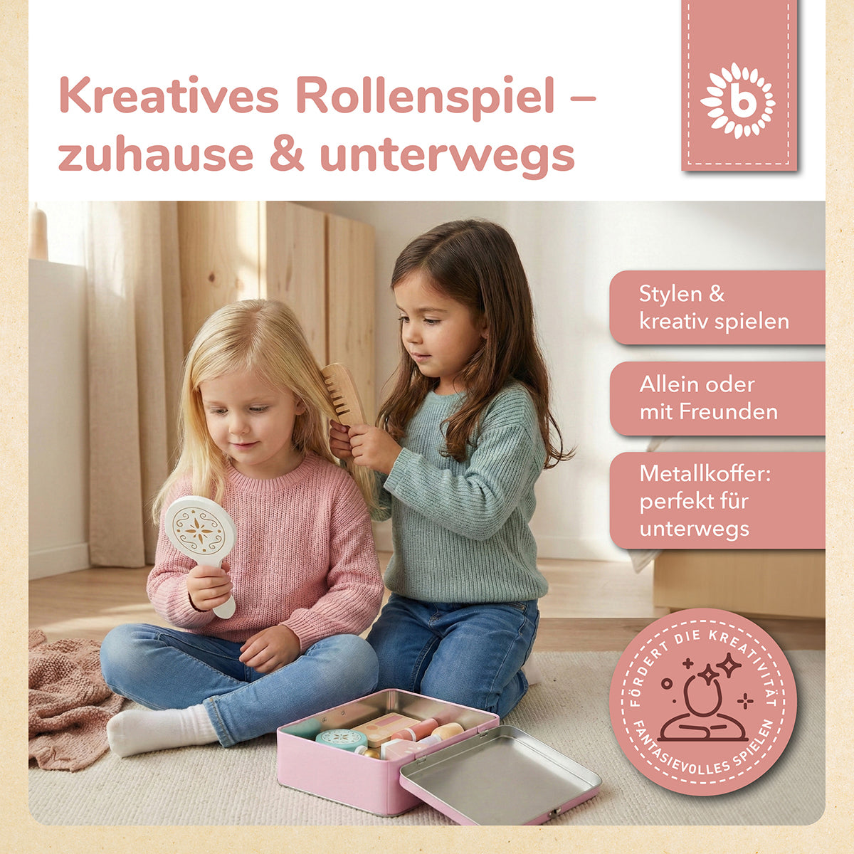Schminkkoffer für Kinder – Beauty-Spielset aus Holz im Metallkoffer, 8-teilig