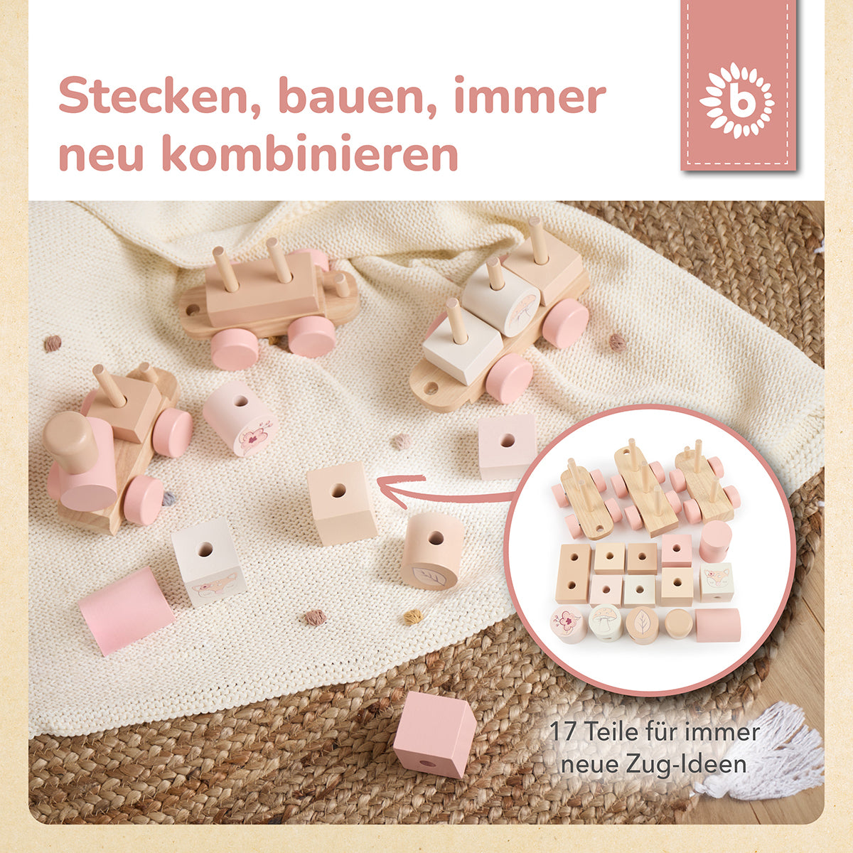 Holzzug – Steck- & Stapelzug mit Lok und 2 Waggons – Ella