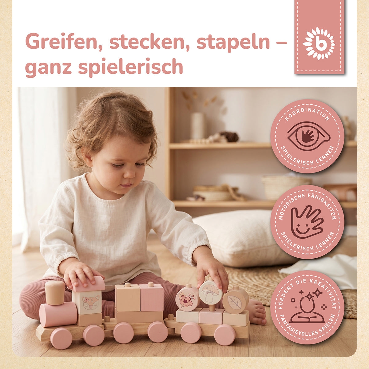 Holzzug – Steck- & Stapelzug mit Lok und 2 Waggons – Ella