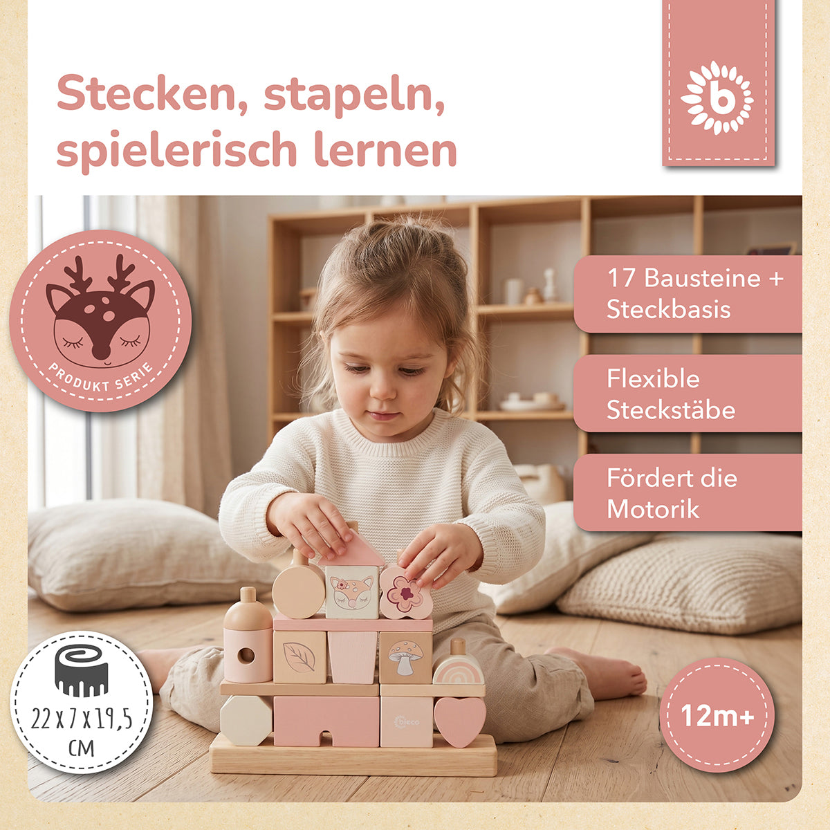 Stapelhaus aus Holz – Steckspiel mit 17 Bausteinen – Ella