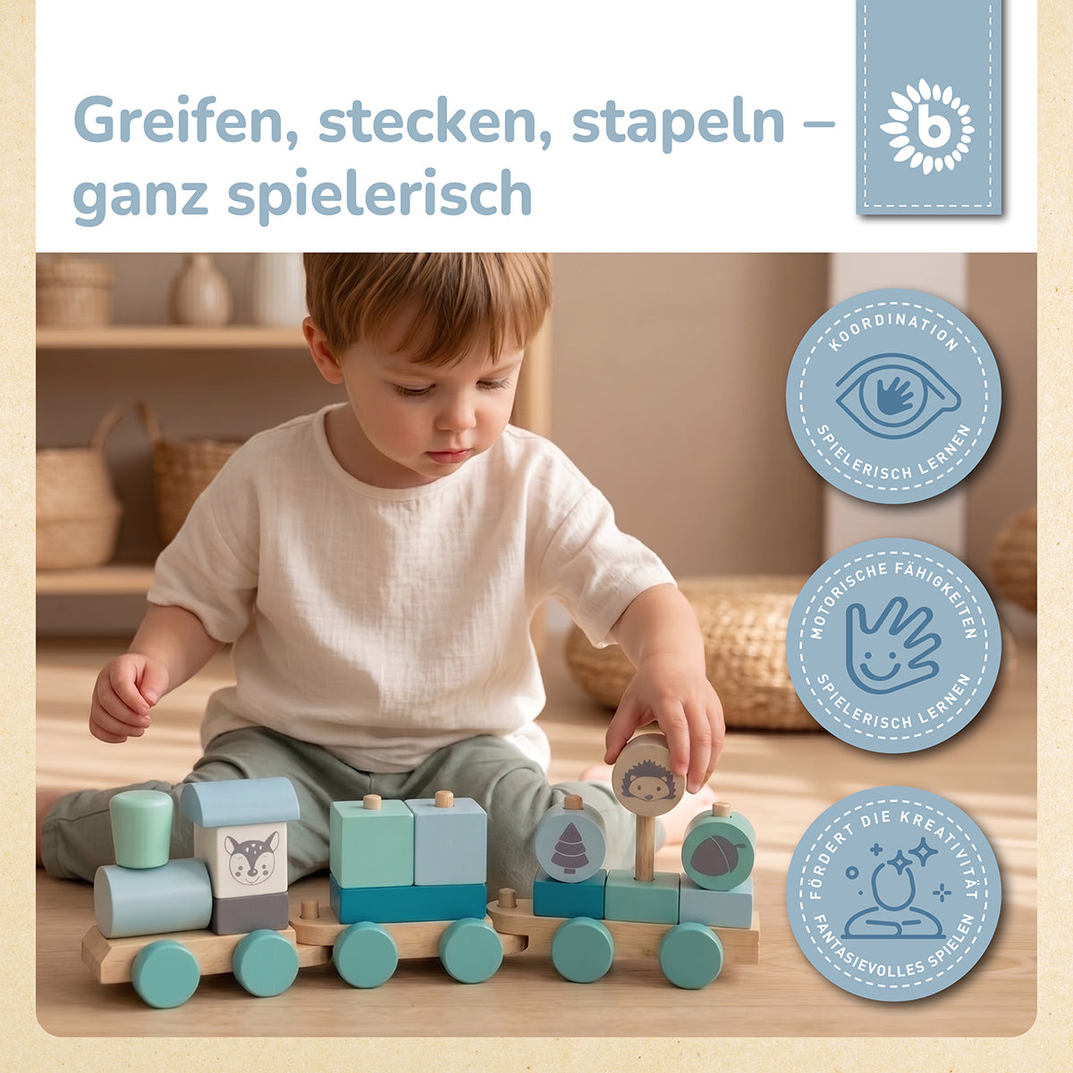 Holzzug – Steck- & Stapelzug mit Lok und 2 Waggons – Scandi