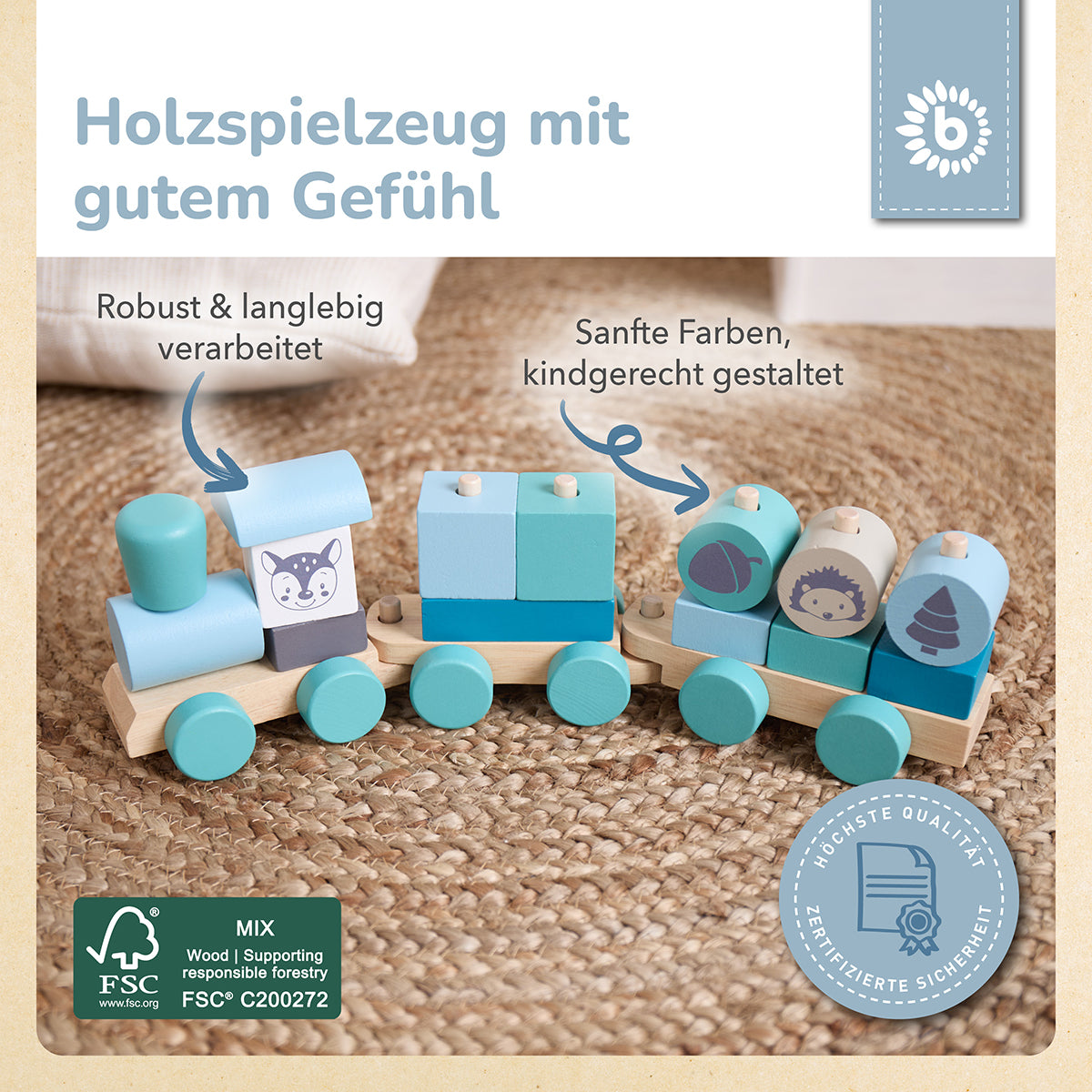 Holzzug – Steck- & Stapelzug mit Lok und 2 Waggons – Scandi