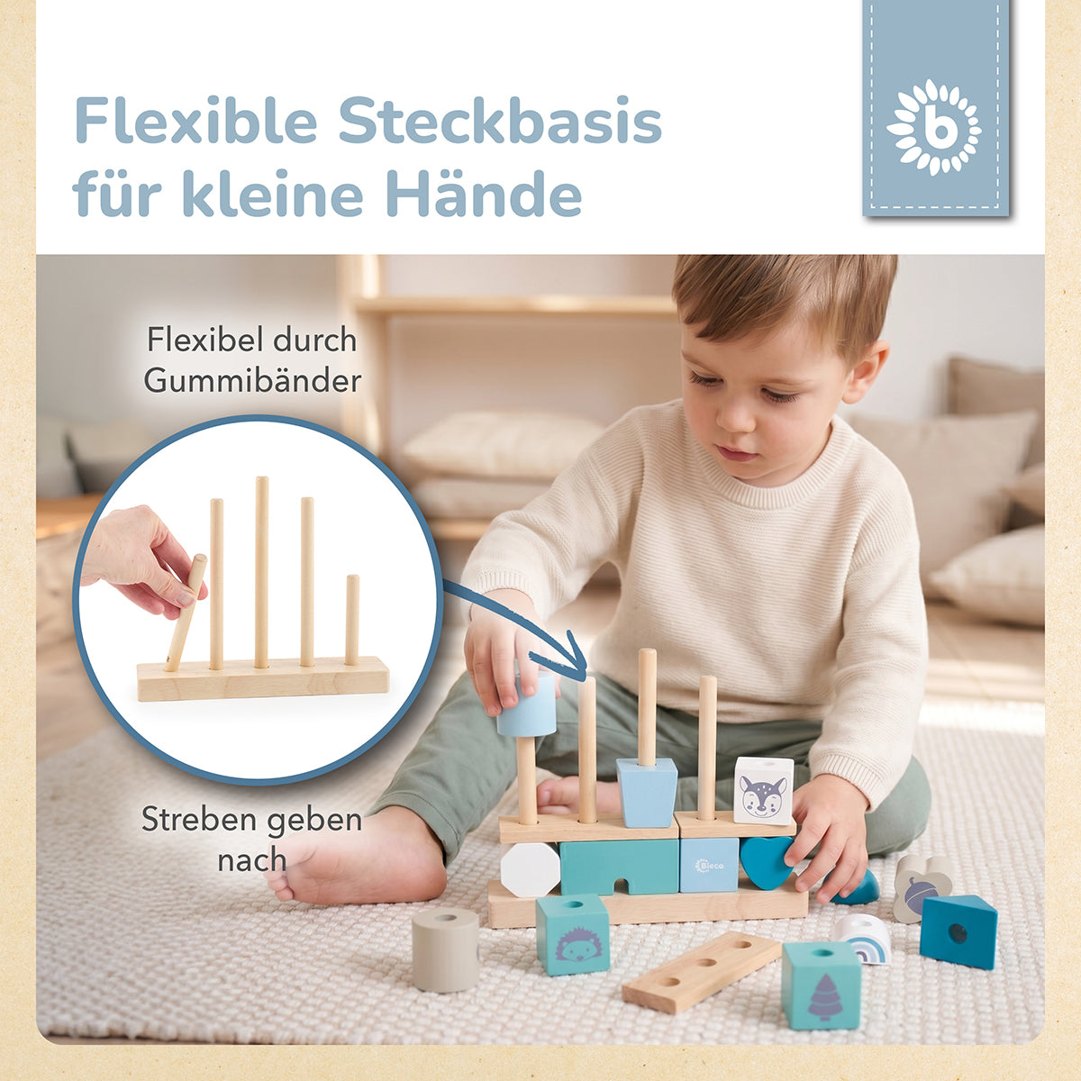Stapelhaus aus Holz – Steckspiel mit 17 Bausteinen – Scandi