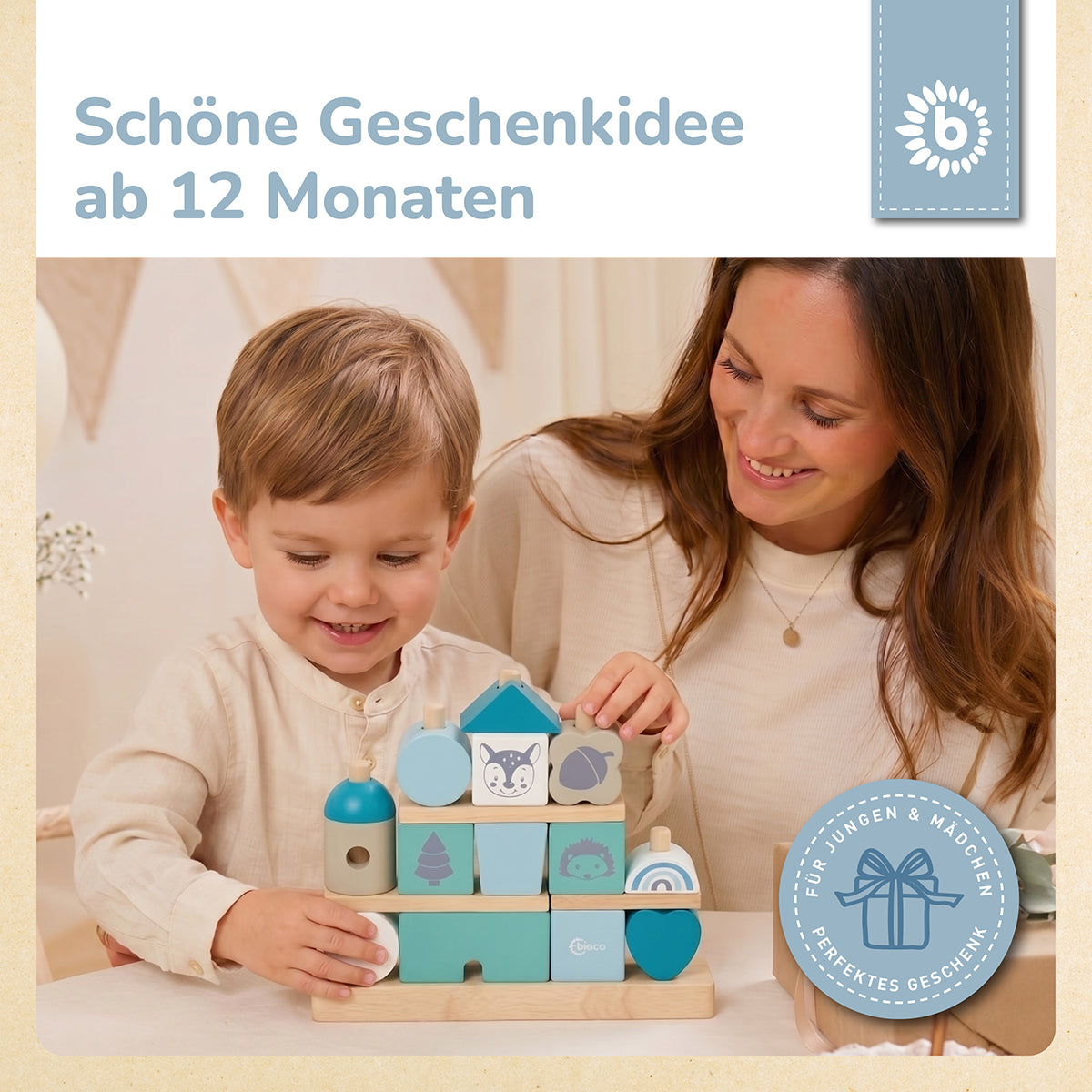 Stapelhaus aus Holz – Steckspiel mit 17 Bausteinen – Scandi