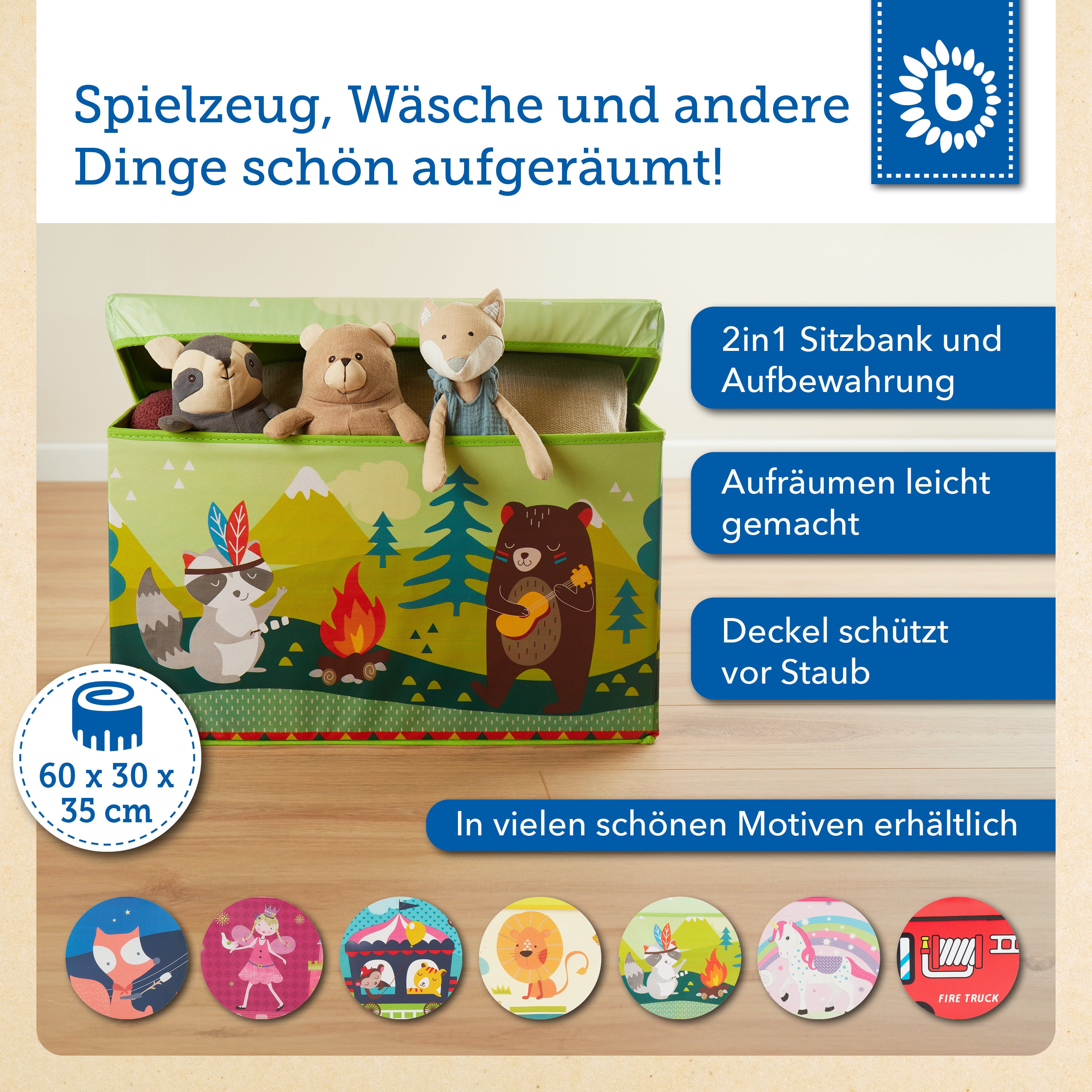 Coffre de rangement & banc 2en1 Animaux de la forêt