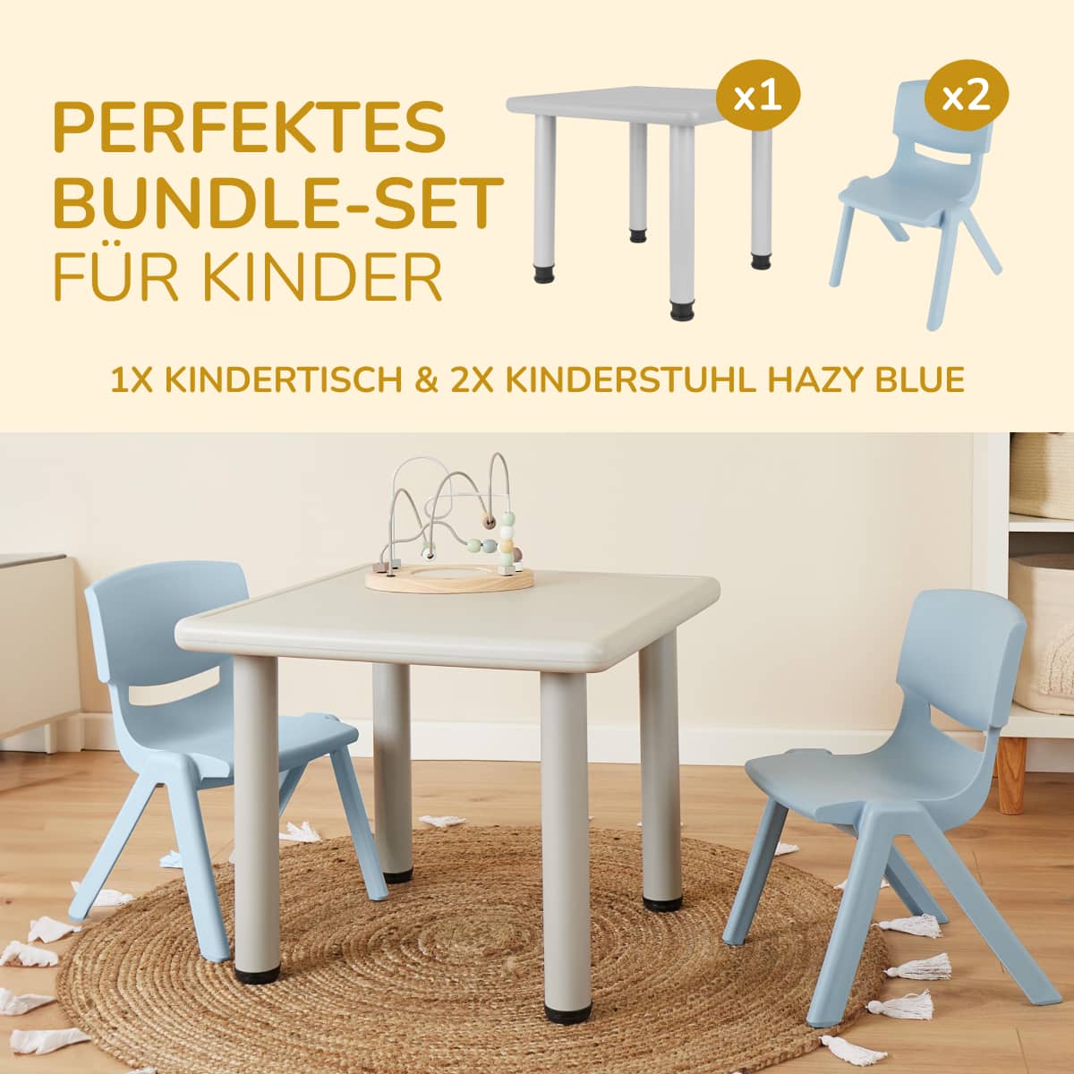 1x table enfant Silver + 2x chaise enfant Hazy Blue
