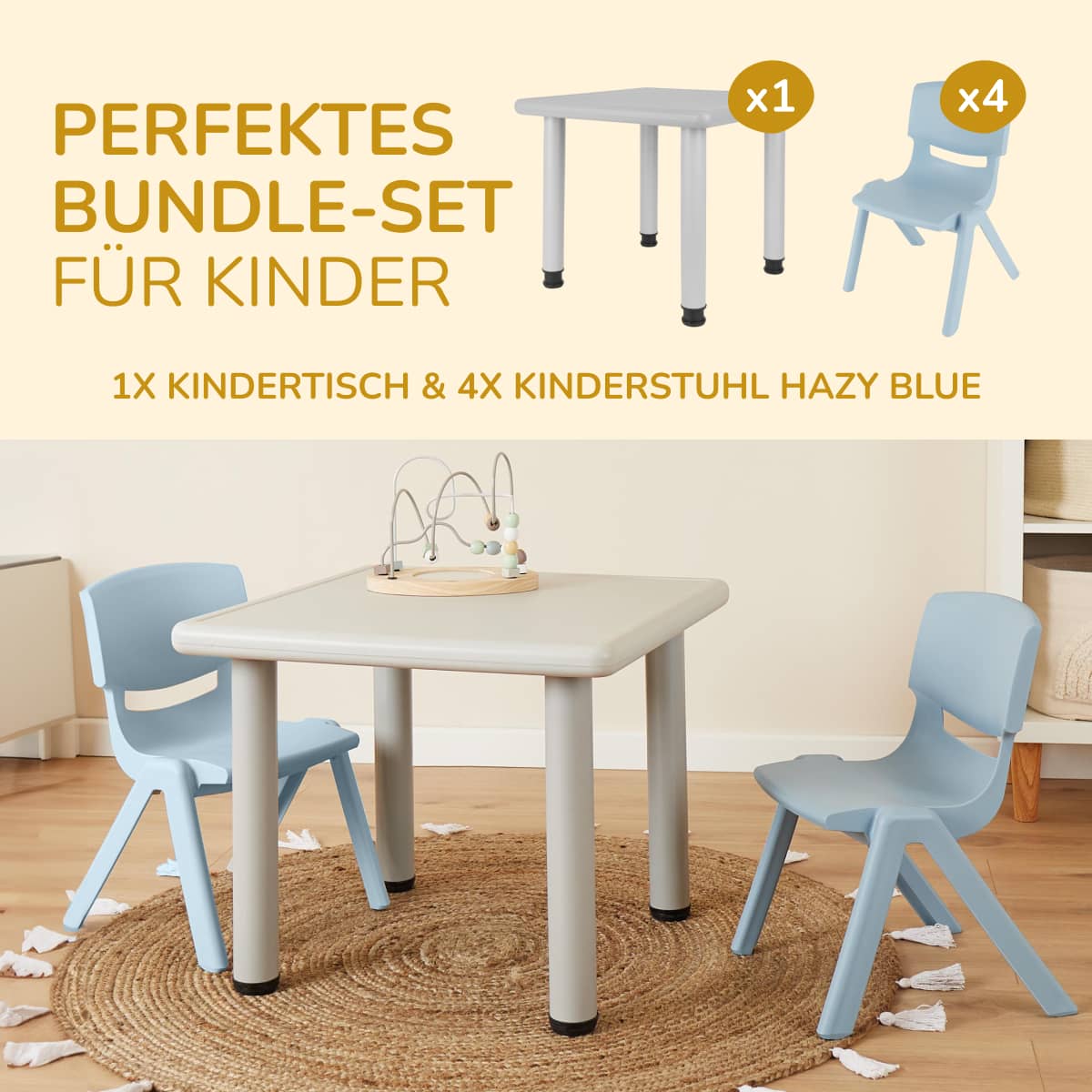1x table enfant Silver + 4x chaise enfant Hazy Blue