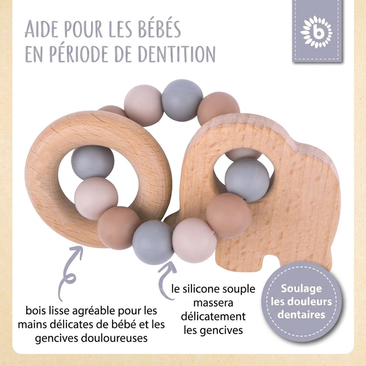 Beißring Elefant mit Silikonkette - FR Infographic