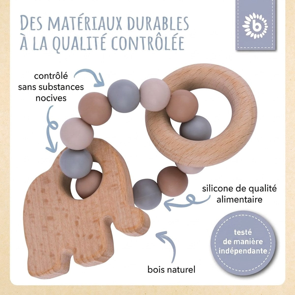 Beißring Elefant mit Silikonkette - FR Infographic