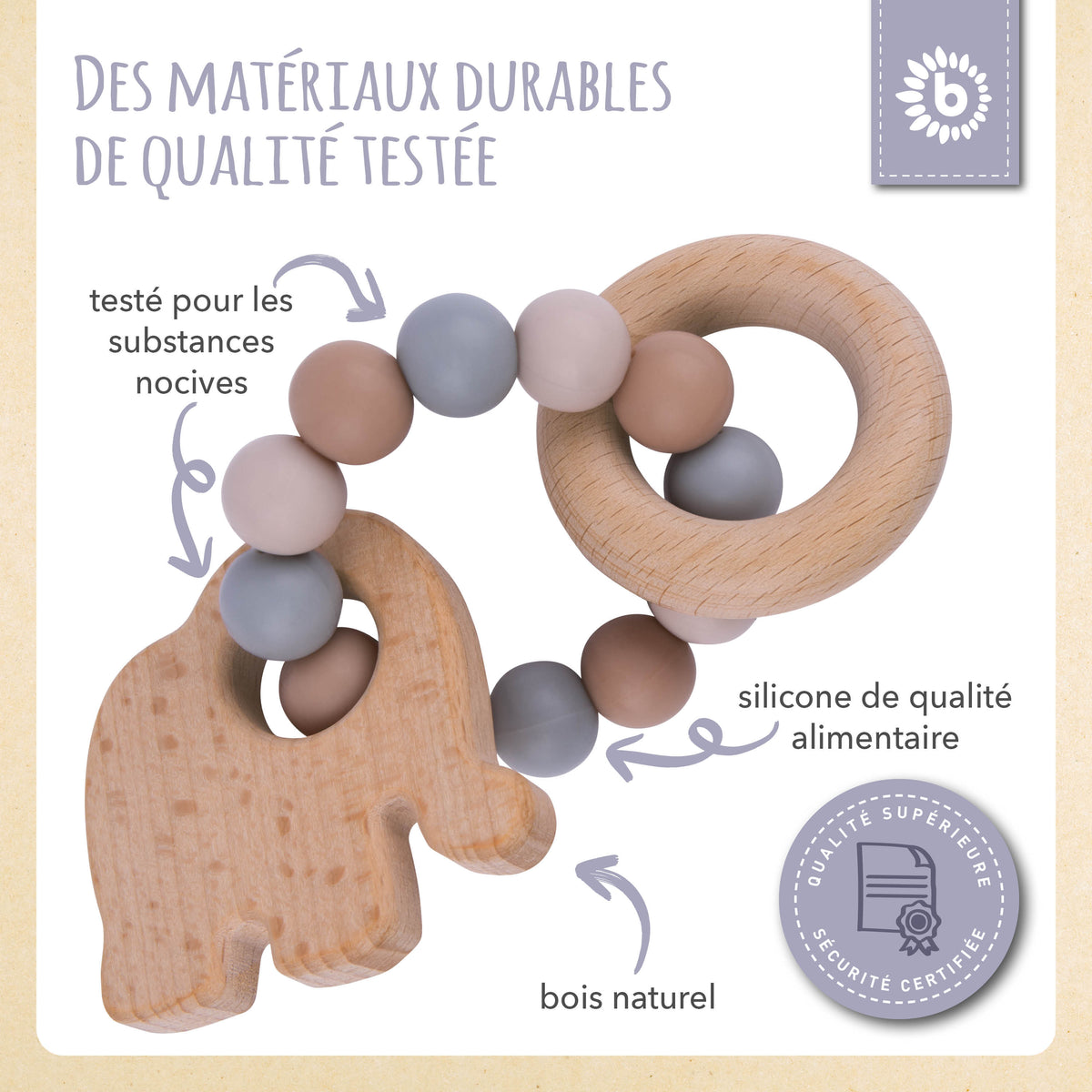 Beißring Elefant mit Silikonkette - FR Infographic