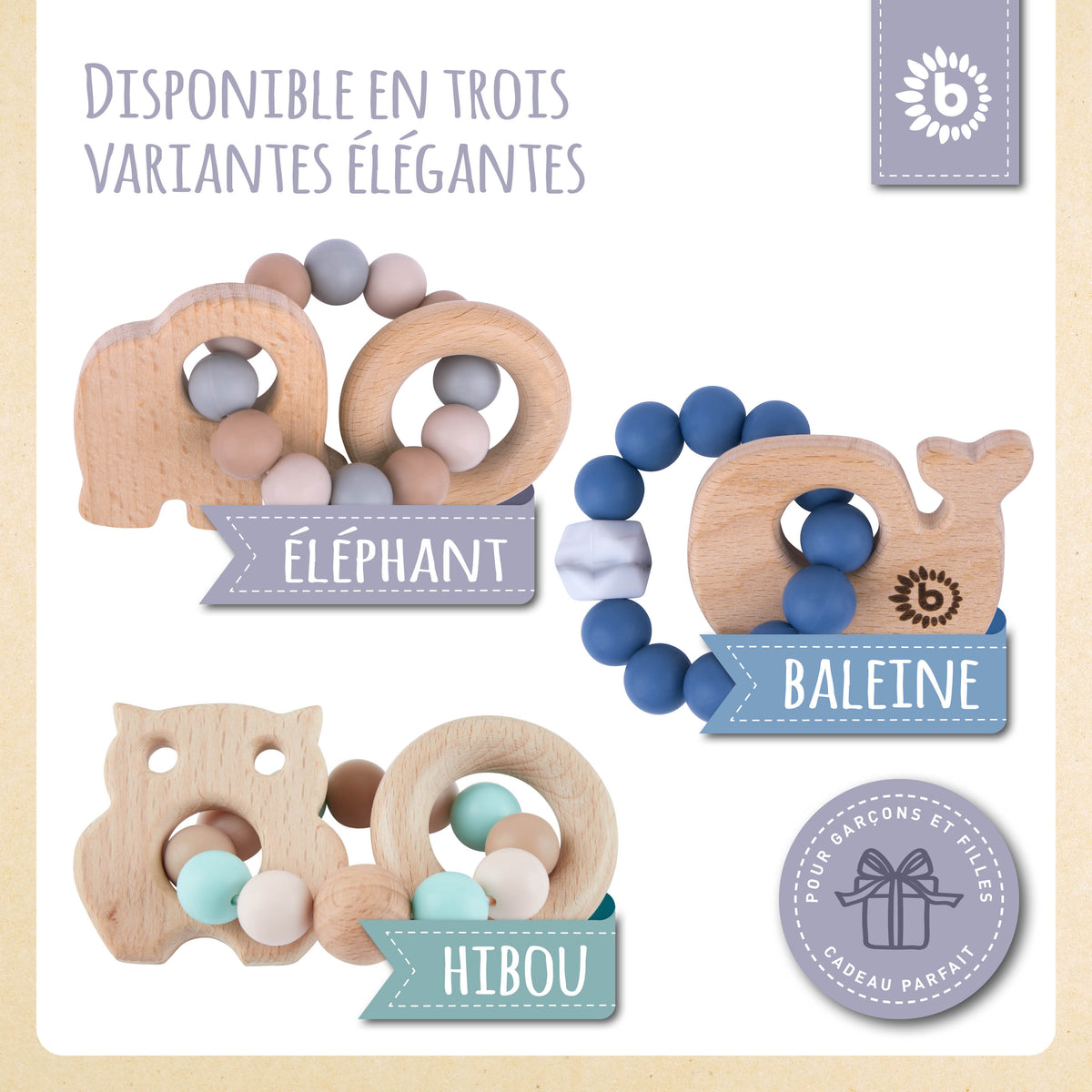 Beißring Elefant mit Silikonkette - FR Infographic