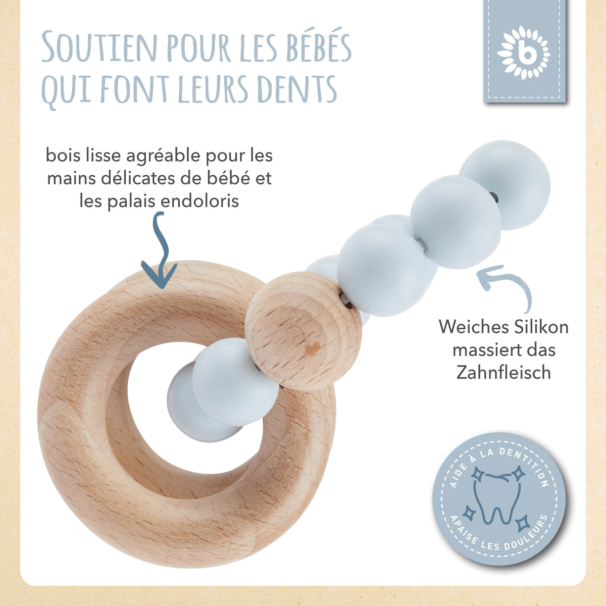 Beißring mit Silikonkette hazy blue - FR Infographic