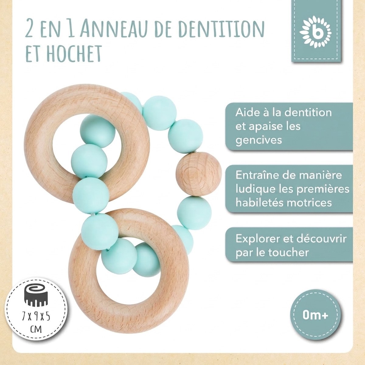 Beißring mit Silikonkette teal - FR Infographic