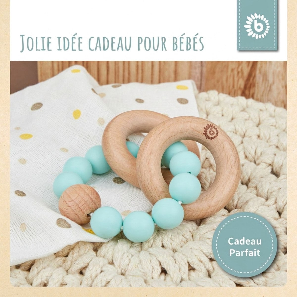 Beißring mit Silikonkette teal - FR Infographic