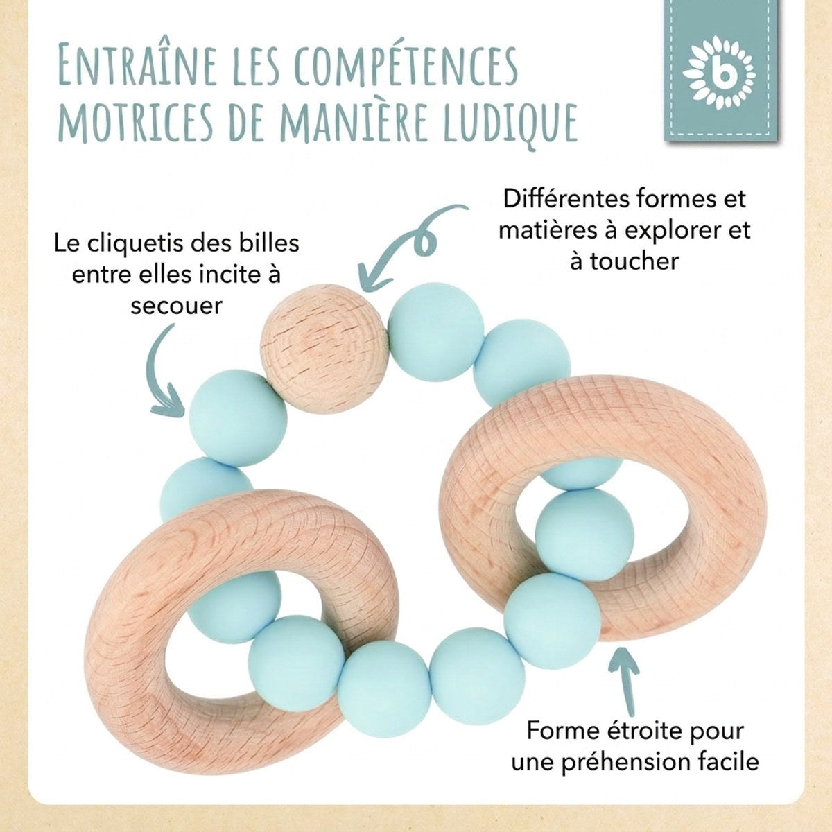 Beißring mit Silikonkette teal - FR Infographic