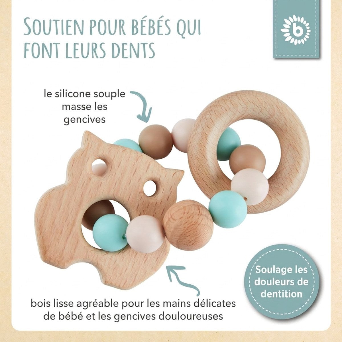 Beißring Eule mit Silikonkette - FR Infographic