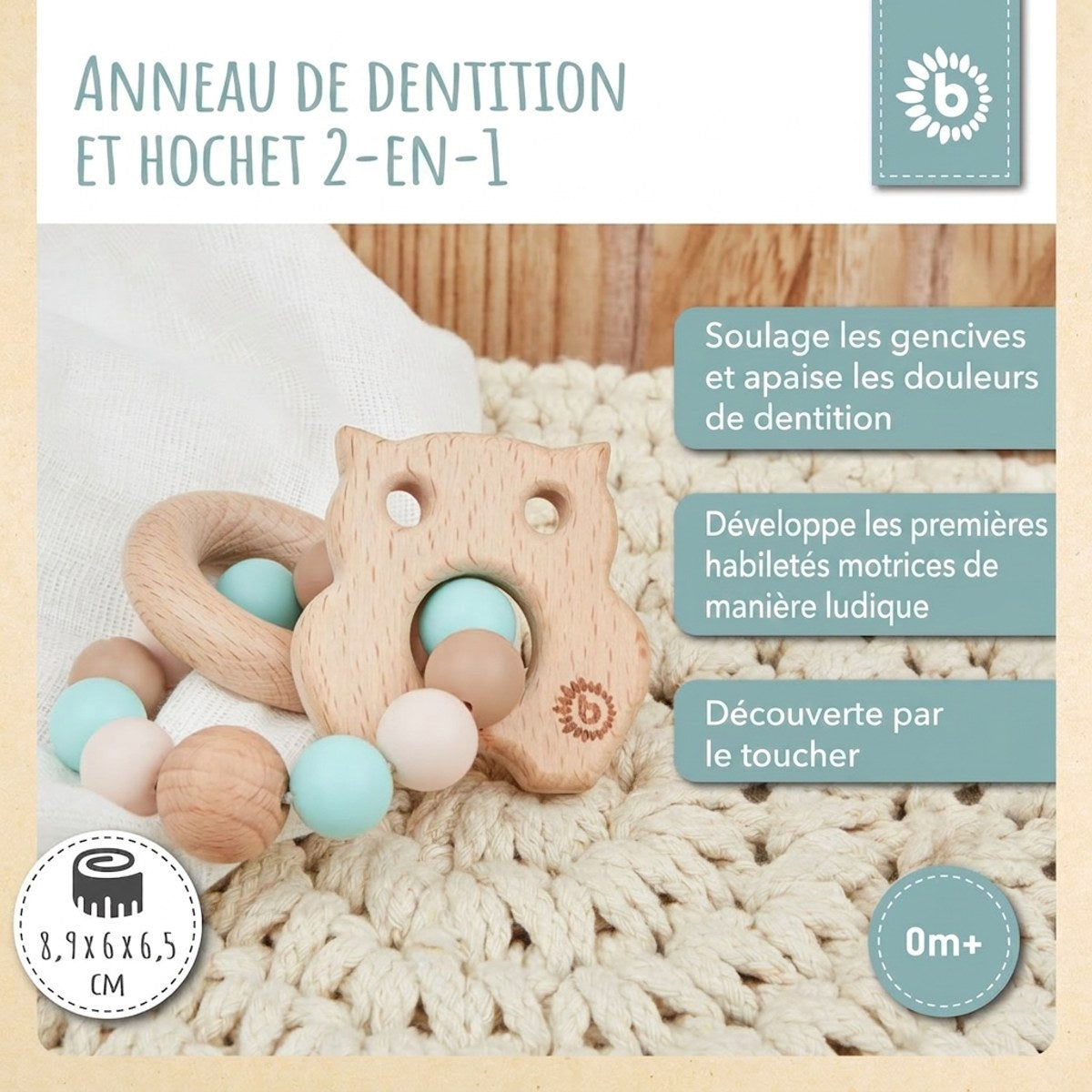 Beißring Eule mit Silikonkette - FR Infographic