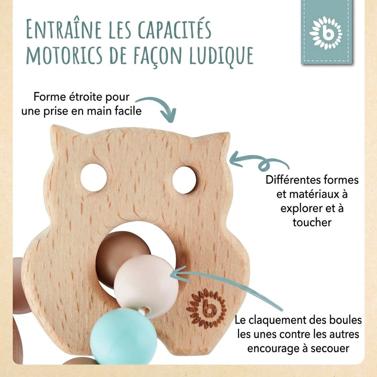 Beißring Eule mit Silikonkette - FR Infographic