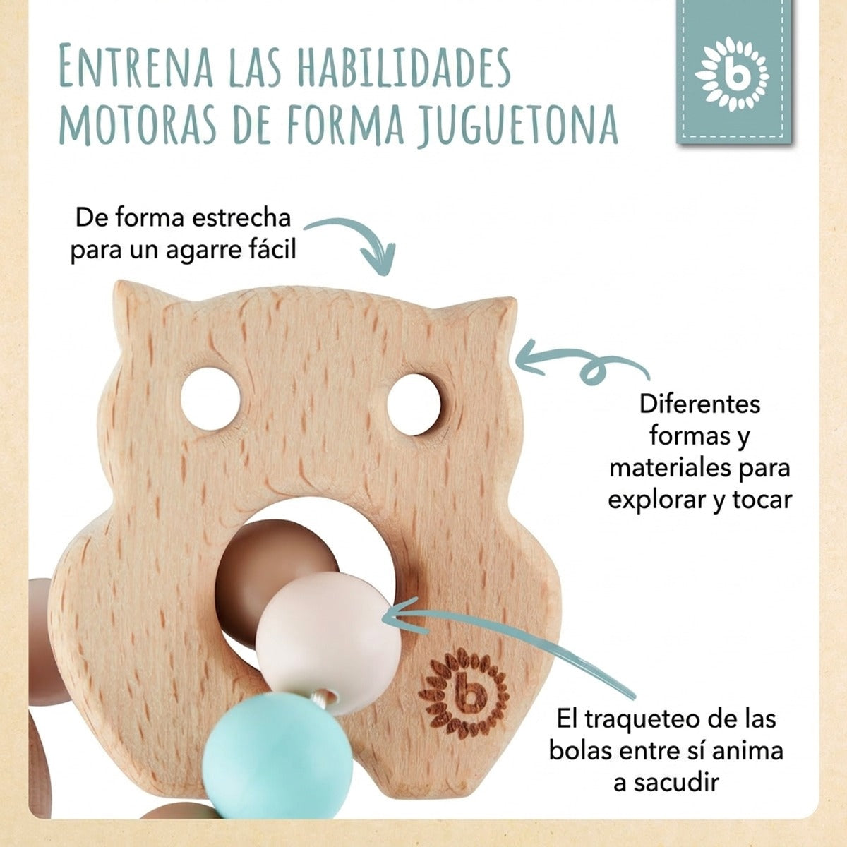 Beißring Eule mit Silikonkette - ES Infographic