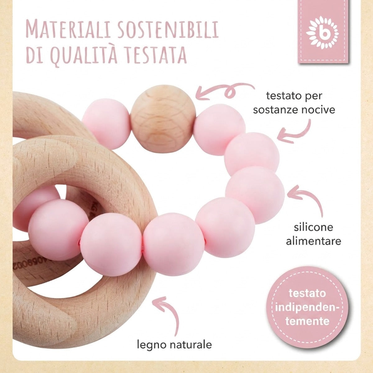 Beißring mit Silikonkette rose - IT Infographic