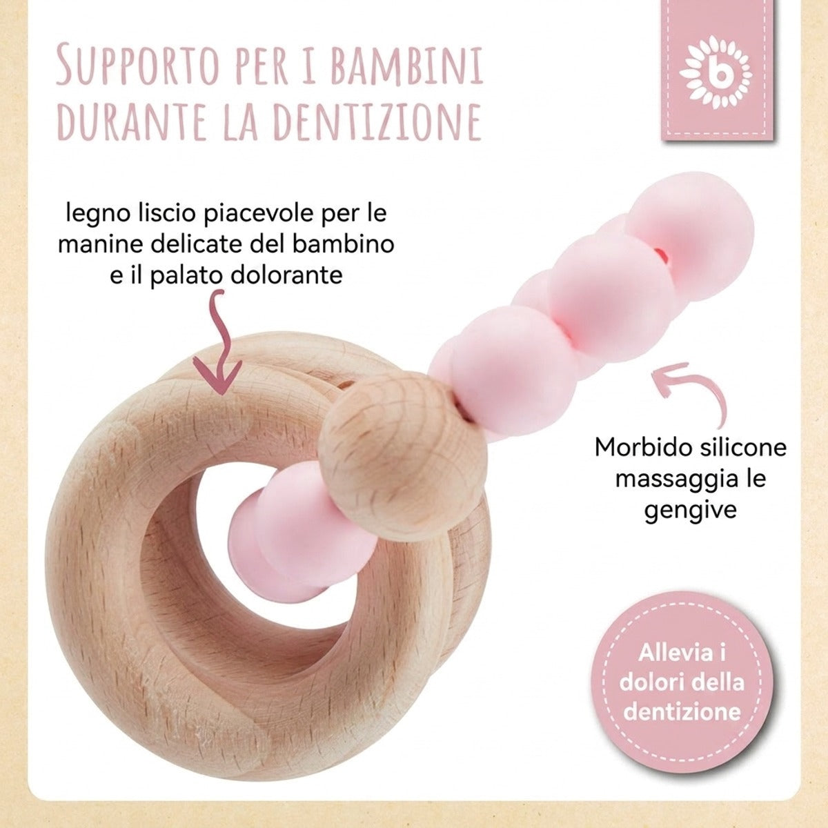 Beißring mit Silikonkette rose - IT Infographic