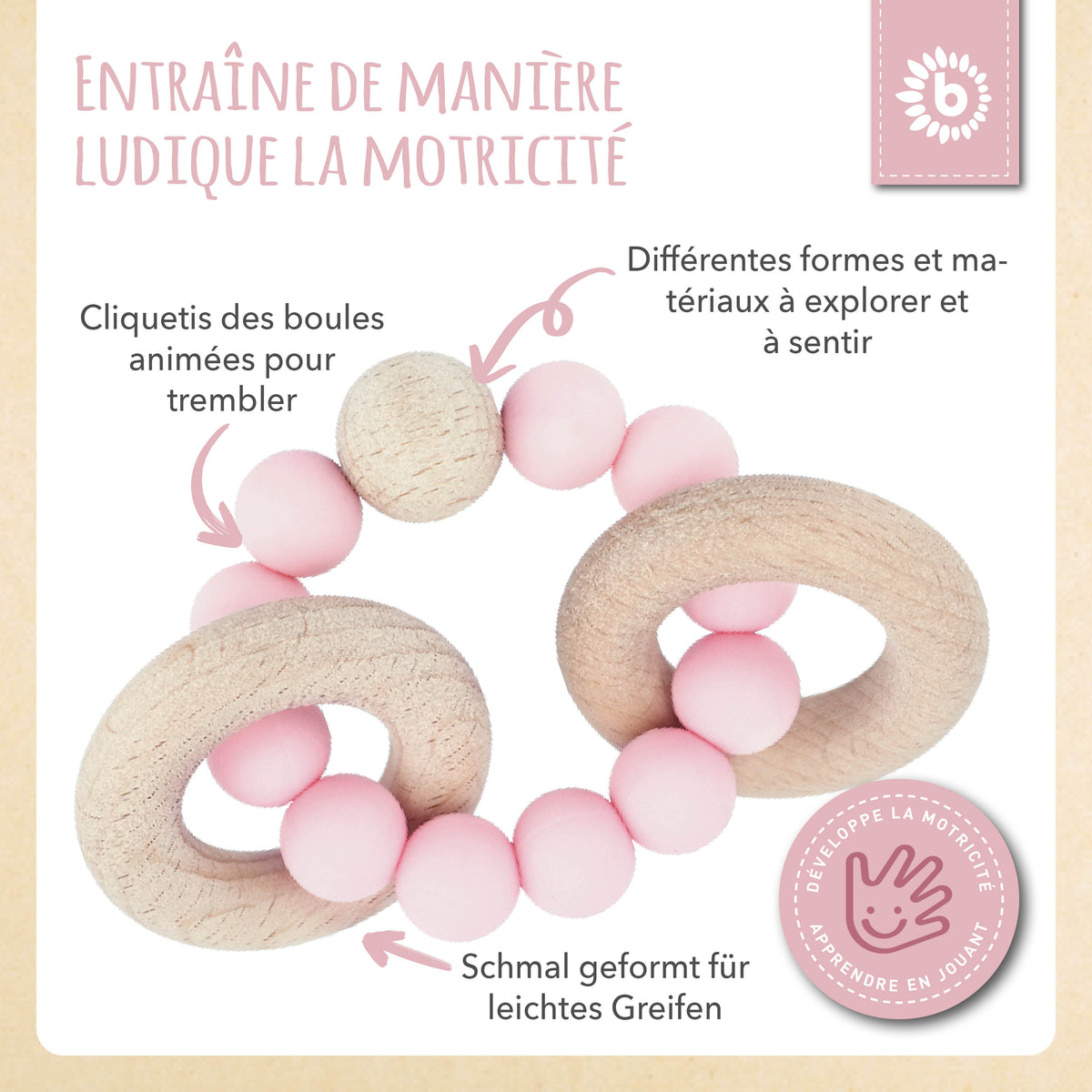 Beißring mit Silikonkette rose - FR Infographic