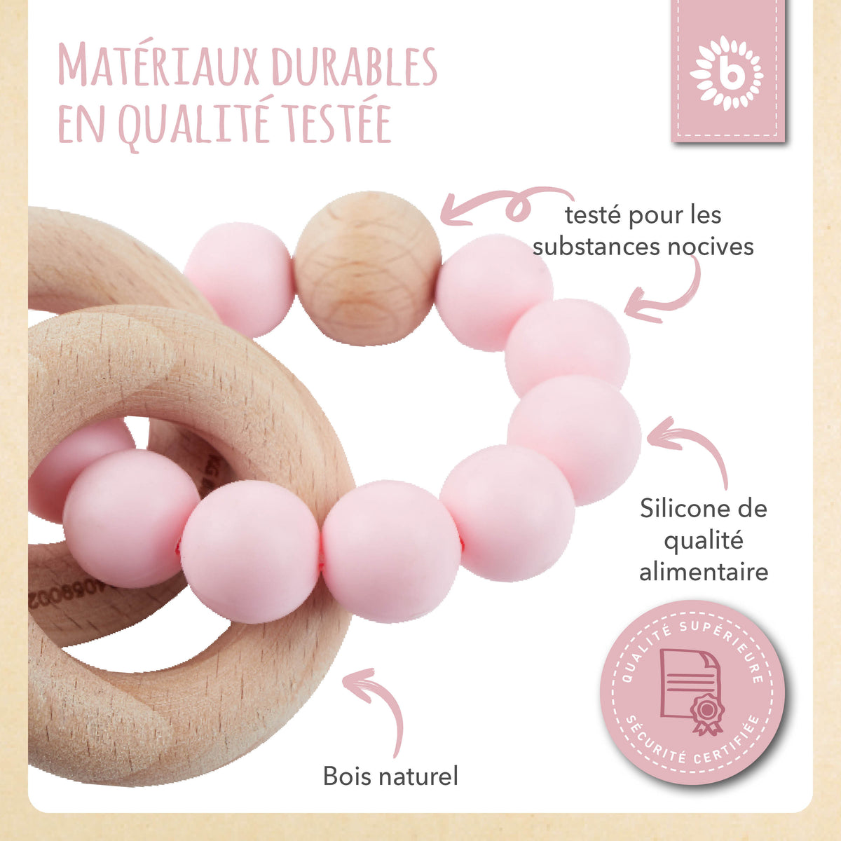 Beißring mit Silikonkette rose - FR Infographic
