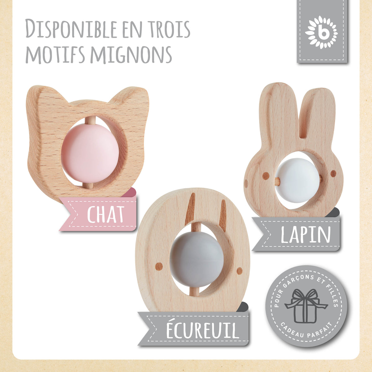 Beißring Hase mit Silikonball - FR Infographic