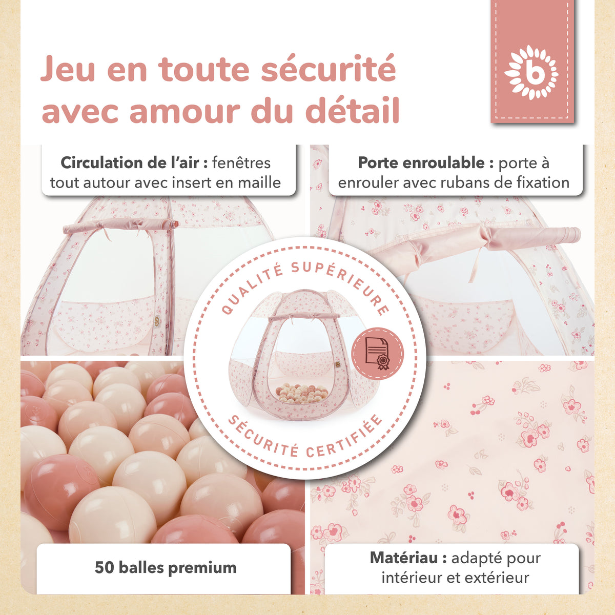 Pop Up Spielzelt und Bällebad Dreamy Flowers mit 50 Bällen - FR Infographic