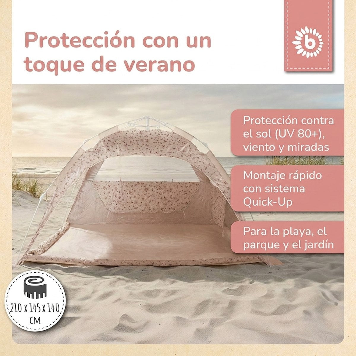 Strandzelt Dreamy Flowers – Strandmuschel mit Quick-Up System, UV-Schutz 80+ & Sichtschutz - ES Infographic