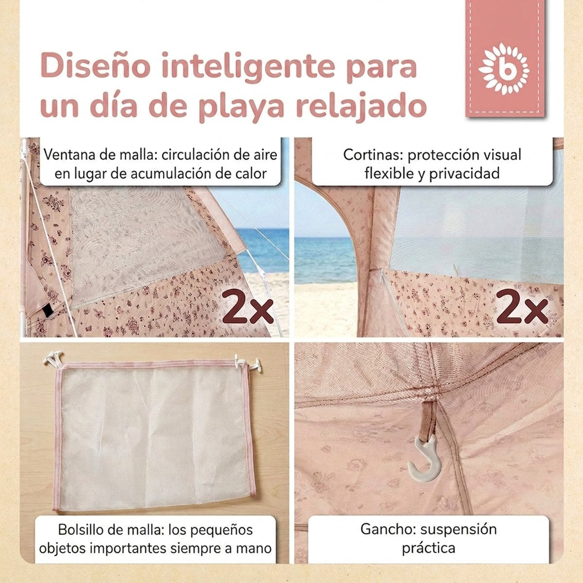 Strandzelt Dreamy Flowers – Strandmuschel mit Quick-Up System, UV-Schutz 80+ & Sichtschutz - ES Infographic