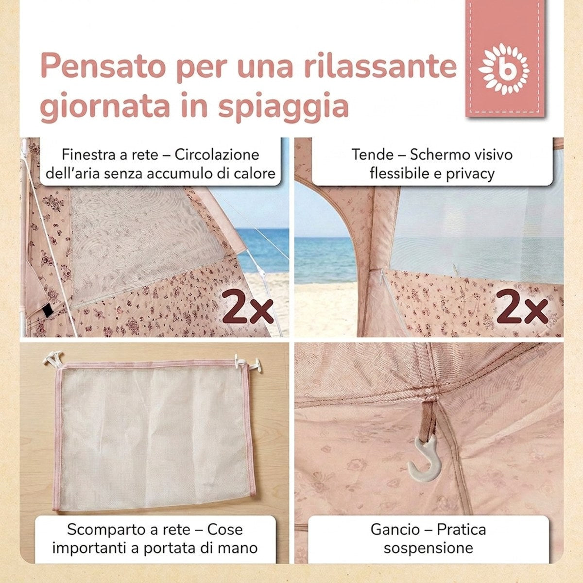 Strandzelt Dreamy Flowers – Strandmuschel mit Quick-Up System, UV-Schutz 80+ & Sichtschutz - IT Infographic