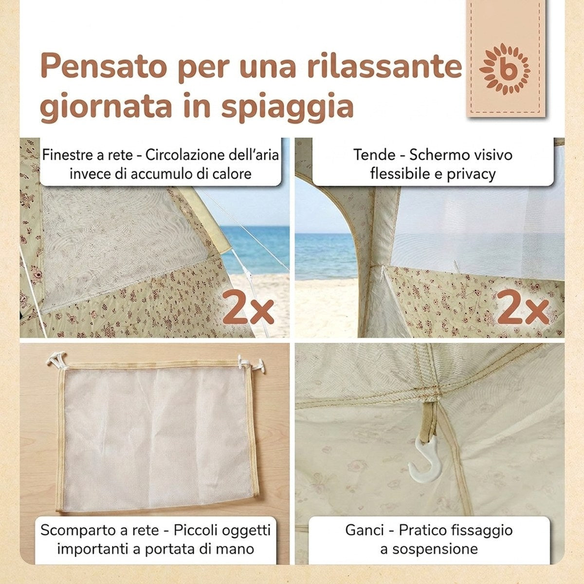 Strandzelt Vintage Flowers – Strandmuschel mit Quick-Up System, UV-Schutz 80+ & Sichtschutz - IT Infographic