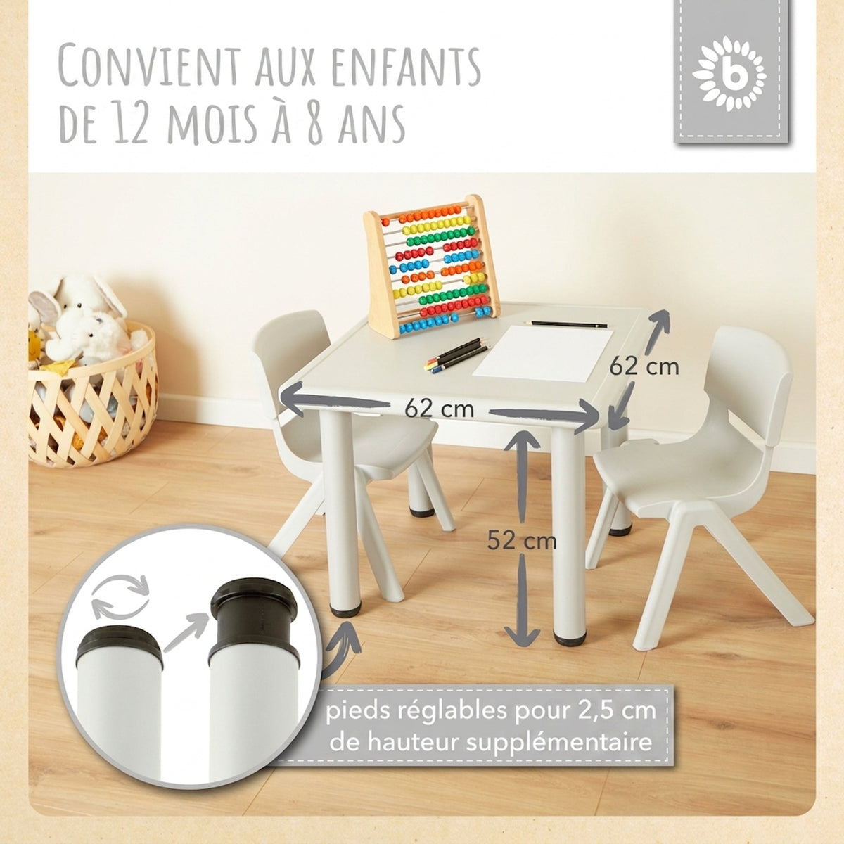 1x Kindertisch & 2x Kinderstuhl Silver - FR Infographic