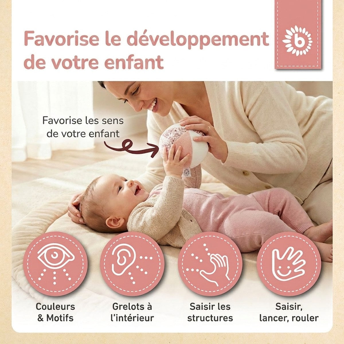 Veloursball Ella mit Rassel - FR Infographic