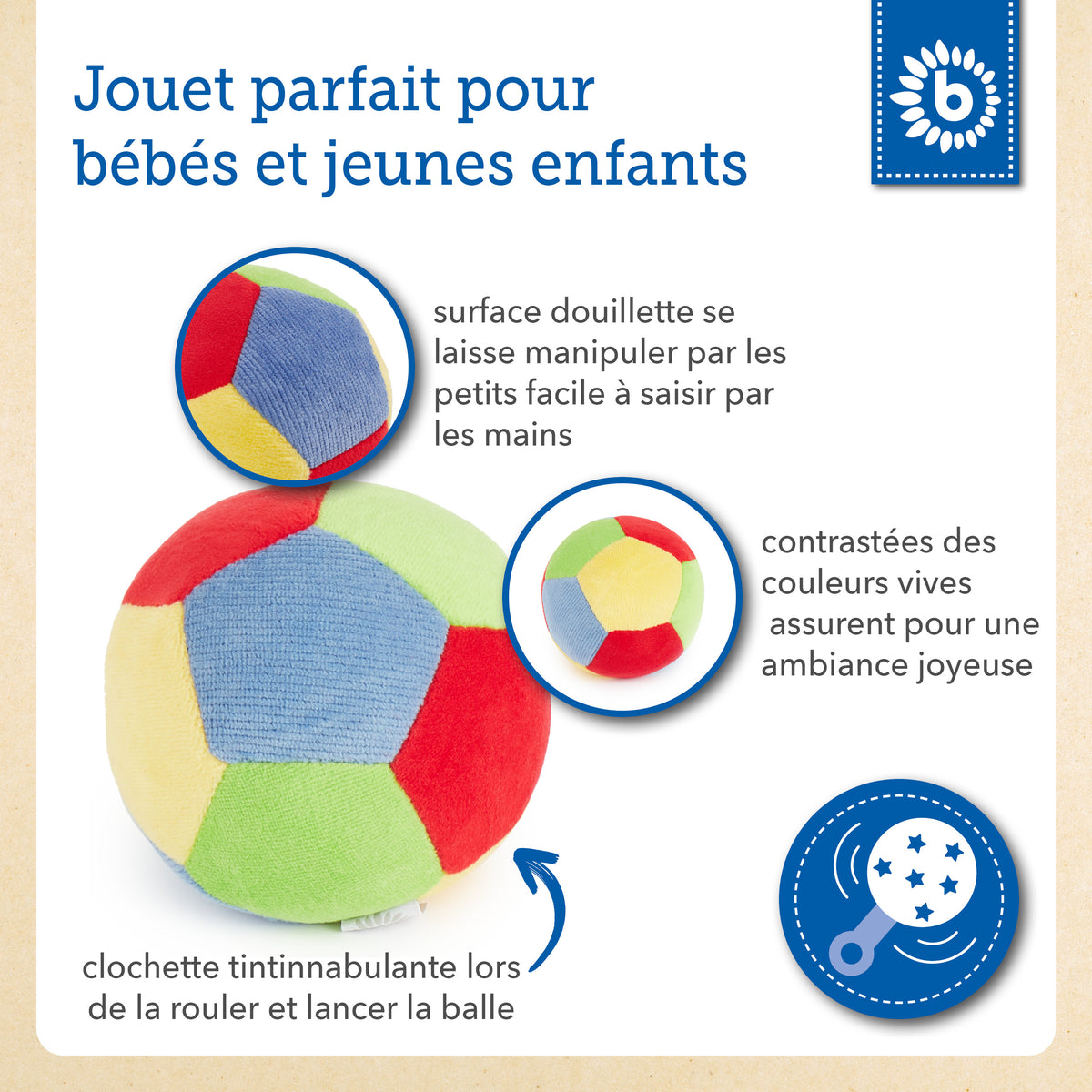 Veloursball mit Rassel - 10 cm - FR Infographic