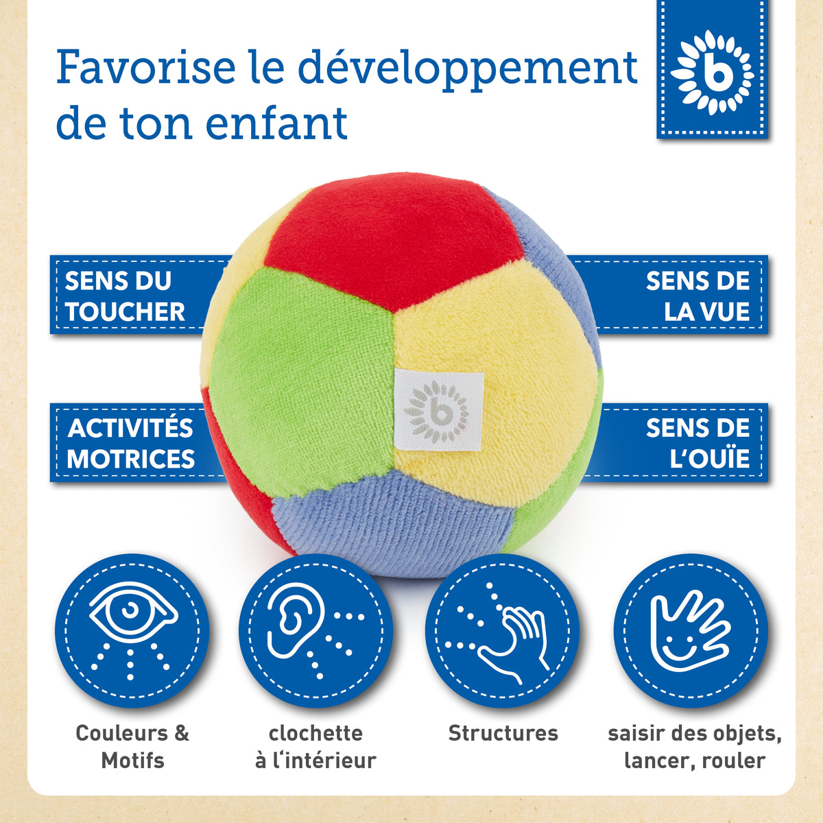 Veloursball mit Rassel - 10 cm - FR Infographic