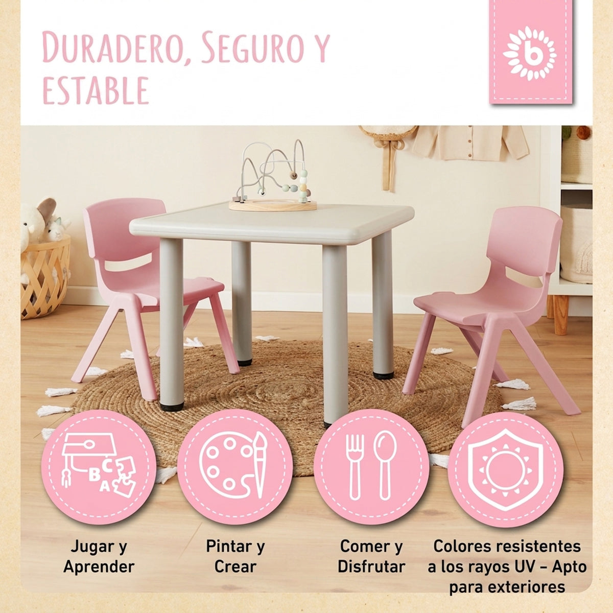 1x Kindertisch Silver & 4x Kinderstuhl Dreamy Rose - ES Infographic
