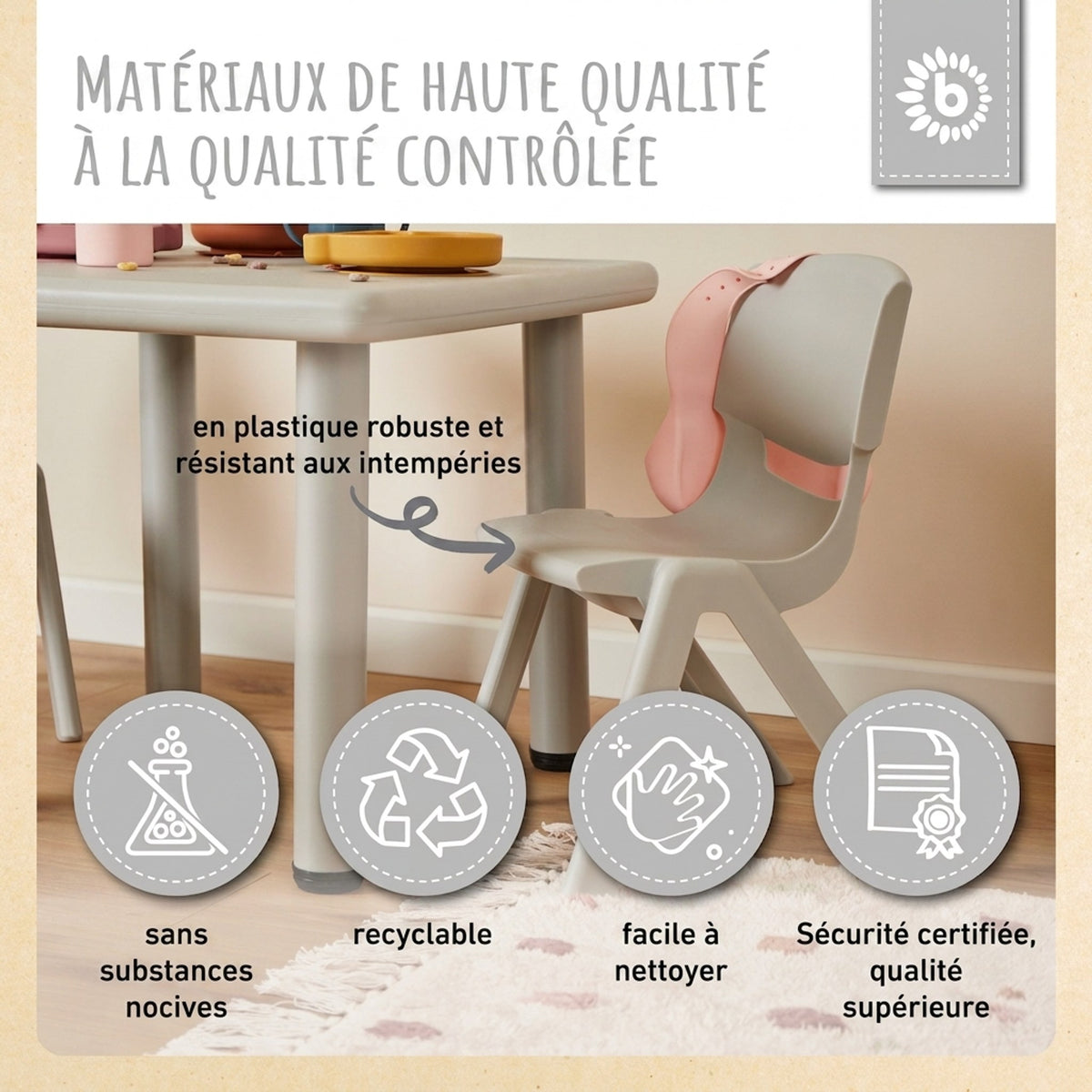 1x Kindertisch Silver & 4x Kinderstuhl Dreamy Rose - FR Infographic